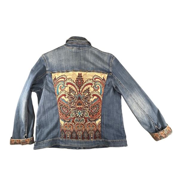 Chico's Woman's Paisley Blue Denim Stretch Long Sleeve Jean Jacket Size 2, Large - Picture 2 of 8